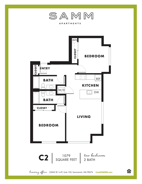 Floor plan for 2 beds, 2 baths, 1079 sqft